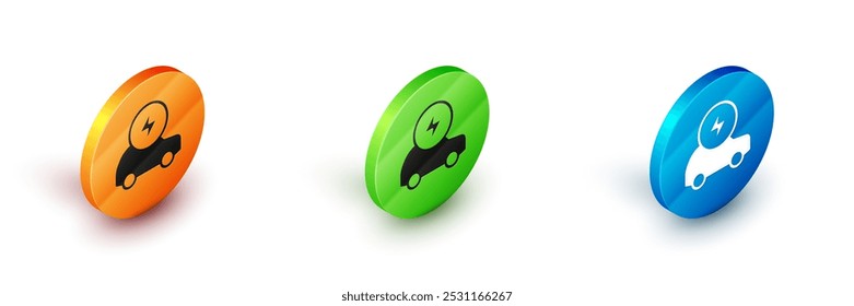 Isometric Electric car and electrical cable plug charging icon isolated on white background. Renewable eco technologies. Circle button. Vector