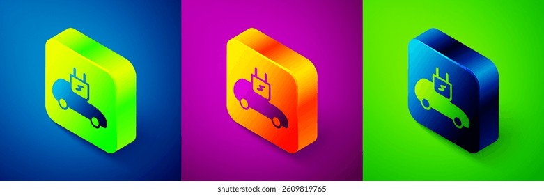Isometric Electric car and electrical cable plug charging icon isolated on blue, purple and green background. Renewable eco technologies. Square button. Vector