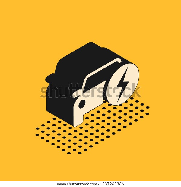 Isometric Electric car and electrical cable\
plug charging icon isolated on yellow background. Renewable eco\
technologies.  Vector\
Illustration