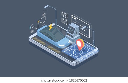 Isometric electric car parking. Charging station vector web banner template. Electric refueling. Eco transportation.