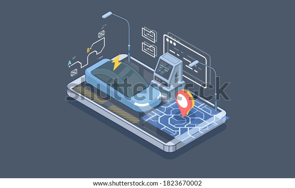 Isometric\
electric car parking. Charging station vector web banner template.\
Electric refueling. Eco\
transportation.