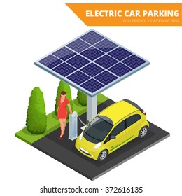 Isometric Electric car parking. Ecological concept. Eco frendly green world. Flat 3d vector isometric illustration.