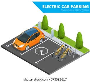 Isometric Electric car parking. Ecological concept. Eco frendly green world. Flat 3d isometric  illustration. For infographics and design 