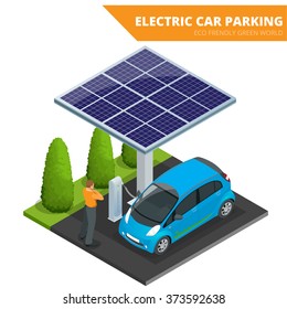 Isometric Electric car parking. Ecological concept. Eco frendly green world. Flat 3d vector isometric illustration. Electric-car charging, electric-vehicle, hybrid.