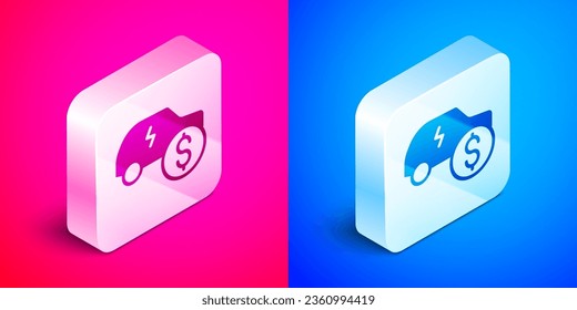 Isometric Electric car price icon isolated on pink and blue background. Electric auto industry growth concept. Electric car sale concept. Silver square button. Vector