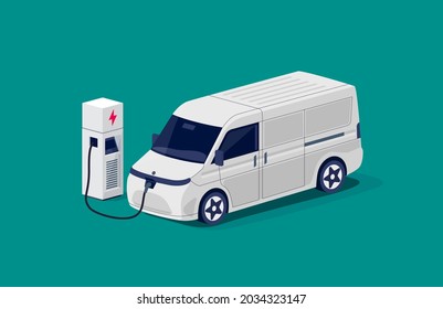 Isometric electric cargo van charging parking at the charger station with a plug in cable. Flat vector of shipping truck lorry logistic freight car. Electrified transportation delivery e-motion.