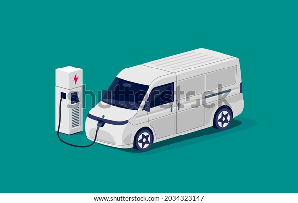 Isometric electric cargo van charging parking\
at the charger station with a plug in cable. Flat vector of\
shipping truck lorry logistic freight car. Electrified\
transportation delivery\
e-motion.