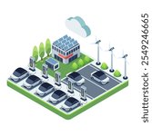 Isometric Electric Cars at EV Charging Station and Infrastructure. Electric Vehicle Charging Infrastructure Concept