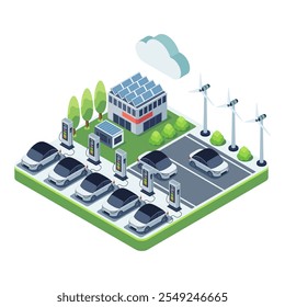 Isometric Electric Cars at EV Charging Station and Infrastructure. Electric Vehicle Charging Infrastructure Concept