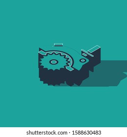 Isometric Electric circular saw with steel toothed disc icon isolated on green background. Electric hand tool for cutting wood or metal.  Vector Illustration