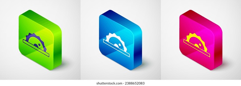 Isometric Electric circular saw with steel toothed disc icon isolated on grey background. Electric hand tool for cutting wood or metal. Square button. Vector