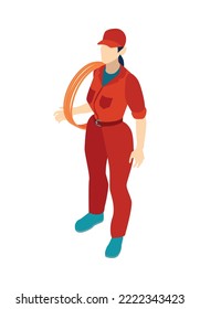 Isometric electric composition with isolated view of electrical brigade member working isolated on blank background vector illustration