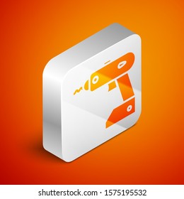 Isometric Electric cordless screwdriver icon isolated on orange background. Electric drill machine. Repair tool. Silver square button. Vector Illustration