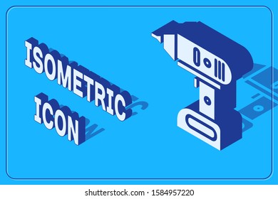 Isometric Electric cordless screwdriver icon isolated on blue background. Electric drill machine. Repair tool.  Vector Illustration