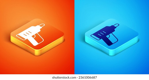 Isometric Electric cordless screwdriver icon isolated on orange and blue background. Electric drill machine. Repair tool.  Vector