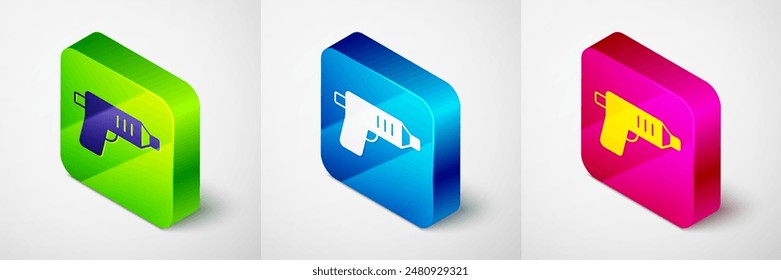 Isometric Electric cordless screwdriver icon isolated on grey background. Electric drill machine. Repair tool. Square button. Vector