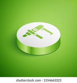 Isometric Electric drill machine icon isolated on green background. Repair tool. White circle button. Vector Illustration