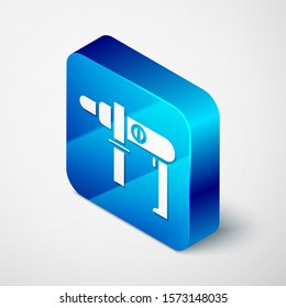 Isometric Electric drill machine icon isolated on white background. Repair tool. Blue square button. Vector Illustration