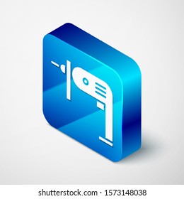 Isometric Electric drill machine icon isolated on white background. Repair tool. Blue square button. Vector Illustration