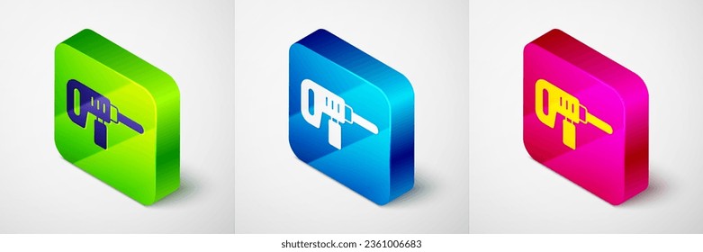 Isometric Electric perforador icono aislado en fondo gris. Herramienta de reparación. Botón cuadrado. Vector