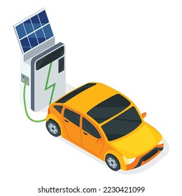 Isometric electric eco transport. Electromobile, vehicle charging station with solar panels, flat vector illustration. Powered by electricity