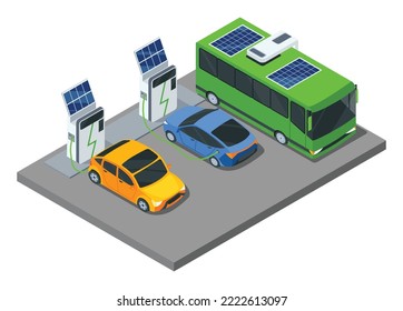 Isometric electric eco transports. Electromobiles and city public bus. Vehicle charging station with solar panels, flat vector illustration. Powered by electricity charging station