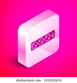 Isometric Electric extension cord icon isolated on pink background. Power plug socket. Silver square button. Vector Illustration