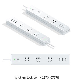 Isometric Electric Extension Cord Isolated On White Background. Power Strip With Electrical Sockets Universal Standard And USB Charging Hub Ports.