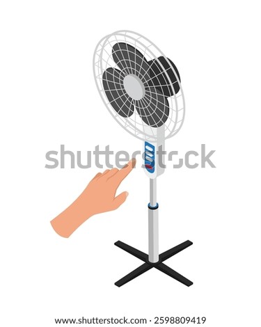 Isometric electric fan with hand pressing button. Hand presses the button on the control panel on the white electric fan stock illustration