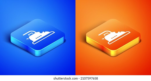 Isometric Electric iron icon isolated on blue and orange background. Steam iron. Square button. Vector