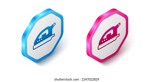 Isometric Electric iron icon isolated on white background. Steam iron. Hexagon button. Vector