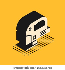 Isometric Electric jigsaw with steel sharp blade icon isolated on yellow background. Power tool for woodwork.  Vector Illustration