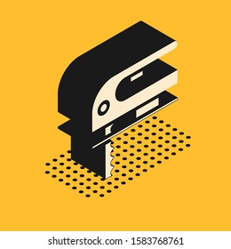 Isometric Electric jigsaw with steel sharp blade icon isolated on yellow background. Power tool for woodwork.  Vector Illustration