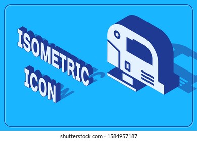 Isometric Electric jigsaw with steel sharp blade icon isolated on blue background. Power tool for woodwork.  Vector Illustration