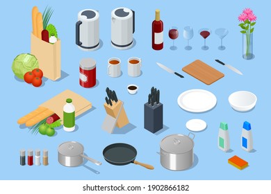 Isometric Electric Kettle, different food in paper bag, Knives in the Wooden Block, Glass Goblets, glass vase, spices in glass and metal jars, stainless pots and pan with glass lids isolated on white
