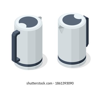 Isometric Electric Kettle front and back view in vector design. Kitchen equipment, domestic device isolated on white background.