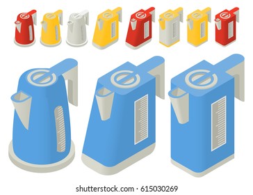The isometric electric kettle for water boiling. Kitchen equipment household appliances. A concept of design of an icon for the websites of shops selling electronics. Children's toy teapot.