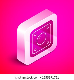 Isometric Electric light switch icon isolated on pink background. On and Off icon. Dimmer light switch sign. Concept of energy saving. Silver square button. Vector Illustration