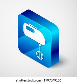 Isometric Electric mixer icon isolated on grey background. Kitchen blender. Blue square button. Vector Illustration