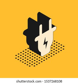 Isometric Electric plug icon isolated on yellow background. Concept of connection and disconnection of the electricity.  Vector Illustration