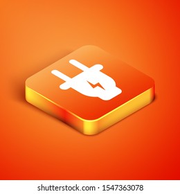 Isometric Electric plug icon isolated on orange background. Concept of connection and disconnection of the electricity.  Vector Illustration