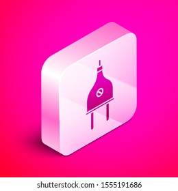 Isometric Electric plug icon isolated on pink background. Concept of connection and disconnection of the electricity. Silver square button. Vector Illustration