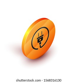 Isometric Electric plug icon isolated on white background. Concept of connection and disconnection of the electricity. Orange circle button. Vector Illustration
