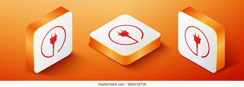 Isometric Electric plug icon aislado en el fondo naranja. Concepto de conexión y desconexión de la electricidad. Botón cuadrado naranja. Vector.
