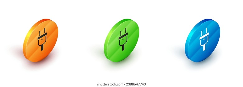 Isometric Electric plug icon isolated on white background. Concept of connection and disconnection of the electricity. Circle button. Vector