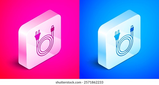Isometric Electric plug icon isolated on pink and blue background. Concept of connection and disconnection of the electricity. Silver square button. Vector