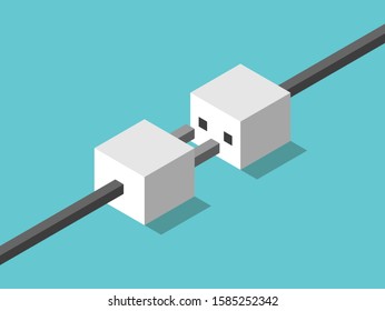 Isometric electric plug and socket disconnected on turquoise blue. Electricity, power, energy, connection, communication concept. Flat design. EPS 8 vector illustration, no transparency, no gradients