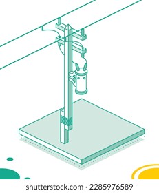 Polo Eléctrico Isométrico Que Admite La Línea De Alimentación De Alta Tensión. Transformador eléctrico en Pylon. Ilustración vectorial. Concepto de esquema aislado en fondo blanco.