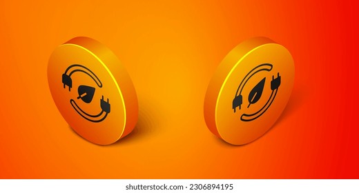 Isometric Electric saving plug in leaf icon isolated on orange background. Save energy electricity. Environmental protection. Bio energy. Orange circle button. Vector