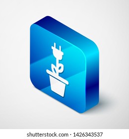 Isometric Electric saving plug in pot icon isolated on white background. Save energy electricity icon. Environmental protection icon. Bio energy. Blue square button. Vector Illustration